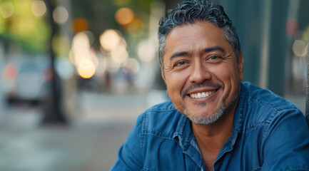 Wall Mural - Mature, man and portrait of a male laughing in a park for peace, contentment and vitality. Happy, smiling and hispanic person radiating positivity outdoors for peace, happiness and exploration