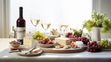 Fototapeta  - Cheese Platter with Grapes and White Wine