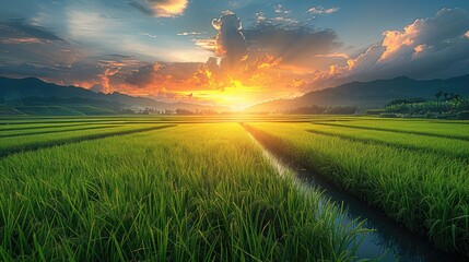  Sunrise Casting a Warm Glow Over the Verdant Rice Fields. Generative AI.
