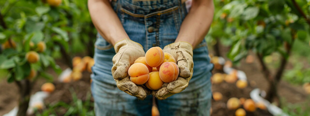 Poster - female farmer close-up harvests apricots