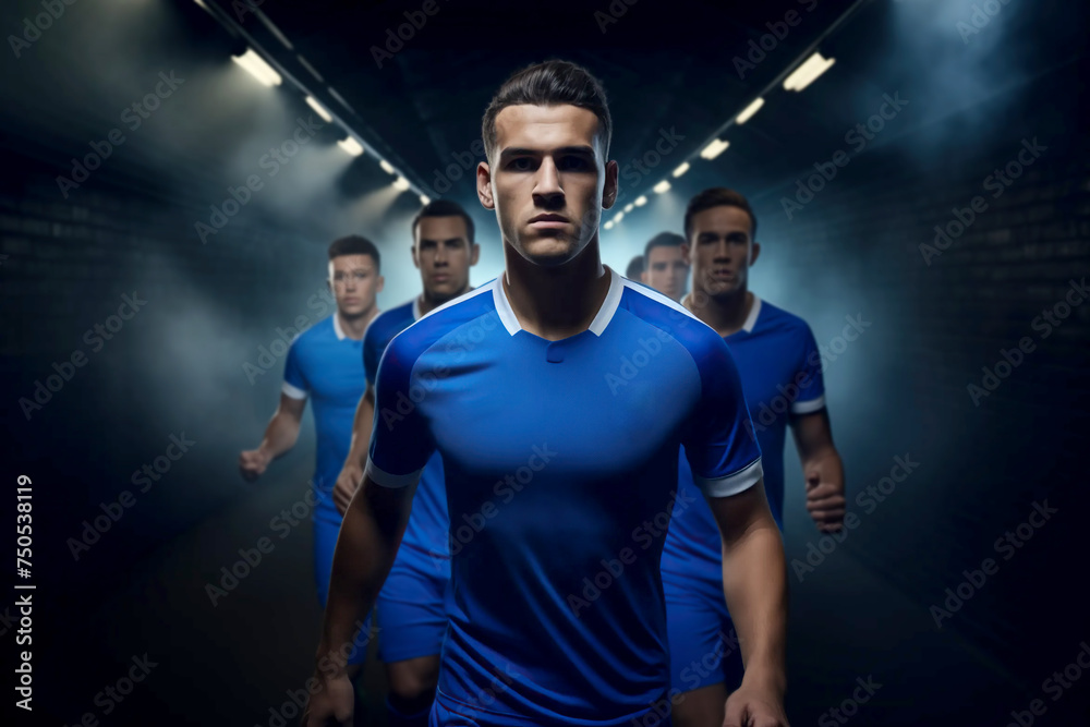 mens soccer football players pre or post match shot entering or leaving the stadium tunnel before or after a match as dramatic tension builds from the result of the league cup tournament game