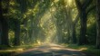 A small road, with tall plane trees on both sides, dark green leaves, sunlight shining down from the top. Generative AI.