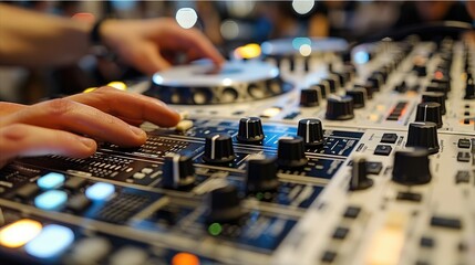 Fototapete - Closeup of dj hand adjusting sound levels on mixer. Generative AI.