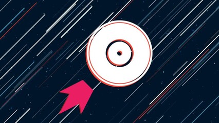 Poster - Gramophone record symbol flies through the universe on a jet propulsion. The symbol in the center is shaking due to high speed. Seamless looped 4k animation on dark blue background with stars