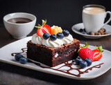 Fototapeta Mapy - Delicious chocolate brownie dessert with cream and fruits