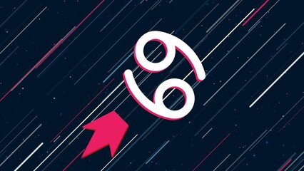 Poster - Cancer zodiac symbol flies through the universe on a jet propulsion. The symbol in the center is shaking due to high speed. Seamless looped 4k animation on dark blue background with stars