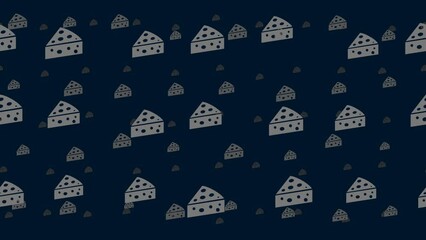Poster - Cheese symbols float horizontally from left to right. Parallax fly effect. Floating symbols are located randomly. Seamless looped 4k animation on dark blue background