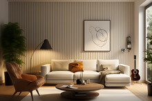 Paneled Living Room With White Wpc Fluted Walls.