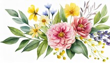 Watercolor Arrangements With Garden Flowers Bouquets With Pink Yellow Wildflowers Leaves Branches Botanic Illustration Isolated On White Background