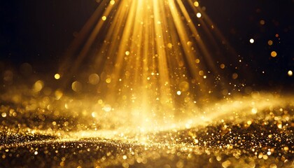 Wall Mural - dark gold sparkle rays lights bokeh elegant abstract background dust sparks in explosion on black background