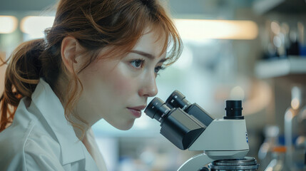 Aufkleber - Woman scientist looking at microscope working in clinical laboratory. Generative AI.