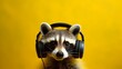 Cute raccoon dj wearing headphones with space for text on vibrant yellow background banner