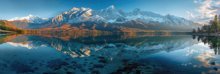 Poster - A serene mountain landscape under the golden light of dawn, A crystal-clear lake reflects the mountains perfectly. Generative AI.