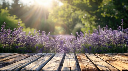 Poster - Wooden wood table with lavender flower garden background. Generative AI.