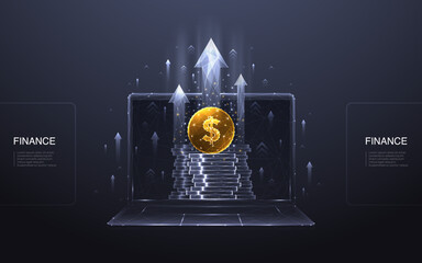 Leinwandbilder - Polygonal wireframe laptop with a golden dollar coin, digital coin stack, and abstract growth arrows up. Business and financial dark background. 3D computer with gold money. Vector tech illustration.