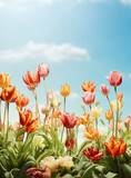 Fototapeta Konie - Beautiful tulips flower plant at blue sky background with sunlight. Springtime nature. Outdoor