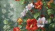 Fashion oil painting Red hibiscus flower on a dark green background, pastel flowers, peonies, roses, echeveria succulent, white hydrangea, ranunculus, anemone, and eucalyptus, design wedding bouquets.