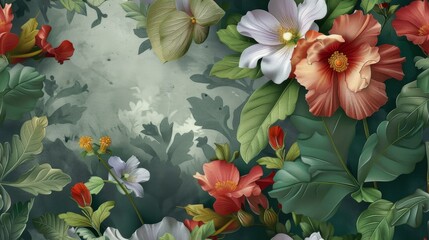  Fashion oil painting Red hibiscus flower on a dark green background, pastel flowers, peonies, roses, echeveria succulent, white hydrangea, ranunculus, anemone, and eucalyptus, design wedding bouquets.