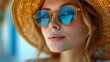 © Diffin - beautiful girl in a straw hat and sunglasses on a background of blooming spring summer flowers
