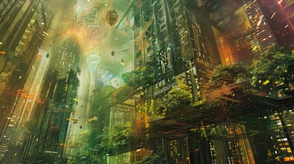 Wall Mural - Quantum Fusion Urban Jungle: A vision of the future where urban landscapes merge with the quantum realm, giving rise to a surreal jungle of interconnected structures pulsating with vibrant energy