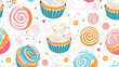 Cute roll cake vector flat seamless pattern in bright