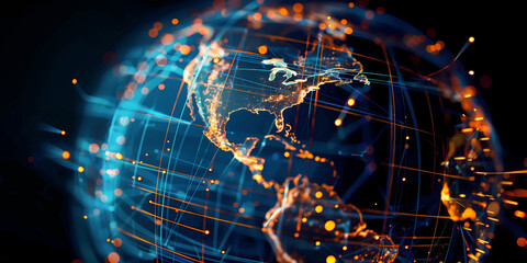 Wall Mural - digital world globe centered on america, concept of global network and connectivity on earth, data t