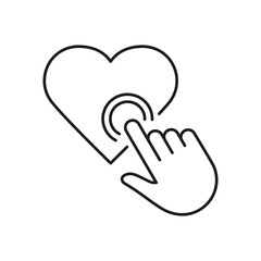 Poster - Finger Click The Heart Shape Button Linear Icon. Human Hand Tap On Heart Line Pictogram. Like Sign For Social Media. Love At Valentine's Day Symbol. Editable Stroke. Isolated Vector Illustration