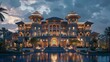 An opulent mansion bathed in the warm glow of evening lights, reflecting on tranquil waters amidst a serene landscape.