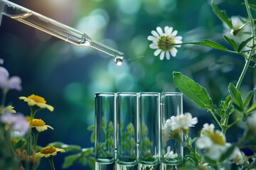 Herbal Plaint and Pipette Over Test Tube, Dropping Sample Chemical into Green Tubes, Biotechnology