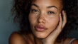 Portrait of biracial or mixed-race woman, close up shot of velvety, soft and smooth facial skin with freckles