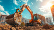 Excavator working at construction site on earthwork