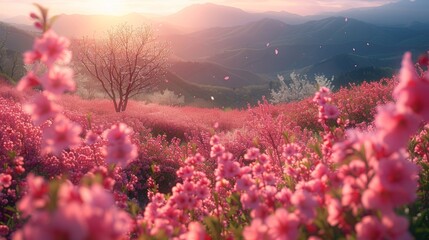 Wall Mural - hills rolling under the gentle spring sunshine, adorned with peach and pear blossoms in full bloom, creating a tapestry of pink and white against the fresh green grass, symbolizing rebirth and peace.