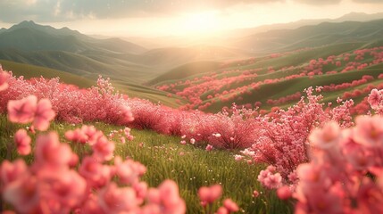 Wall Mural - hills rolling under the gentle spring sunshine, adorned with peach and pear blossoms in full bloom, creating a tapestry of pink and white against the fresh green grass, symbolizing rebirth and peace.