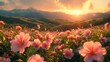 hills rolling under the gentle spring sunshine, adorned with peach and pear blossoms in full bloom, creating a tapestry of pink and white against the fresh green grass, symbolizing rebirth and peace.