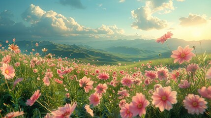 Wall Mural - hills rolling under the gentle spring sunshine, adorned with peach and pear blossoms in full bloom, creating a tapestry of pink and white against the fresh green grass, symbolizing rebirth and peace.