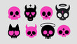 Set of skull illustrations in black and pink for transfer tattoos and stickers.
