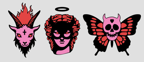 Aufkleber - Set of dark surreal gothic illustrations of a goat head, a sculpture and a butterfly in black and red colors for transfer tattoos and stickers.