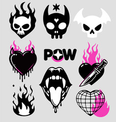 Aufkleber - Trendy gothic stickers with skulls, hearts and other girlish tattoo style elements. Set of vector illustrations in black and pink colors.