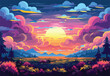 a pixel art painting of a sunset over a field with mountains in the background . High quality