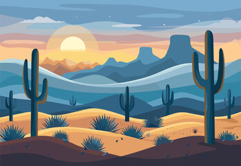 Sticker - A cartoon illustration of a natural landscape in a desert ecoregion, featuring cactus plants like Saguaros, mountainous landforms, and a colorful dusk sky on the horizon