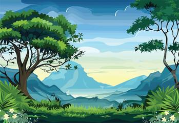 A beautiful cartoon illustration of a lush green forest with towering mountains in the background, under a clear blue sky. It captures the essence of a peaceful natural landscape