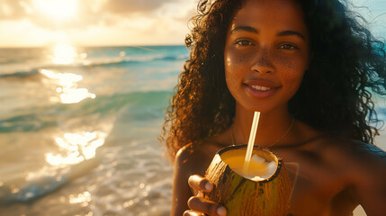 Wall Mural - young african woman drinking coconut cocktail in a tropical beach