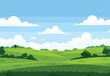 A whimsical cartoon illustration of a sprawling green field with trees, fluffy clouds in the sky, and a serene natural landscape