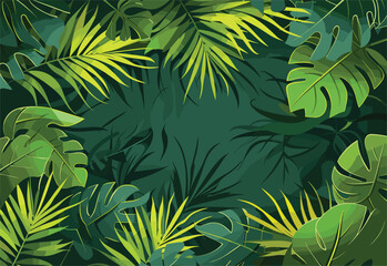 Wall Mural - A cluster of vibrant green tropical leaves intertwine with each other on a dark background, showcasing the beauty of terrestrial plant botany and vegetation