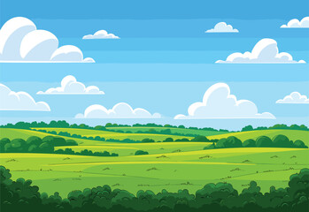 Wall Mural - A cartoon illustration of a natural landscape with a green field, trees, cumulus clouds in the sky, and sunlight shining on the grassy land lot