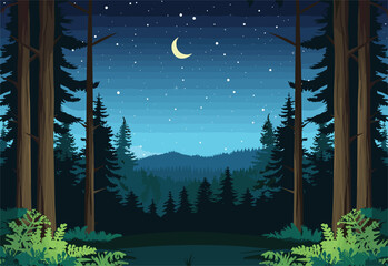 Wall Mural - A cartoon illustration showcasing a forest at night under a crescent moon in the sky, highlighting the natural landscape with trees, water, and a serene atmosphere