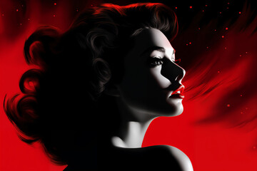 Wall Mural - Portrait of a beautiful fashionable woman with a hairstyle. Night. Abstract red and black color background. Illustration poster in the style of 1960