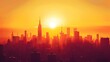 Sunset Over City Skyline: A vibrant city skyline silhouetted against the warm hues of a setting sun, casting a golden glow over the urban landscape. 