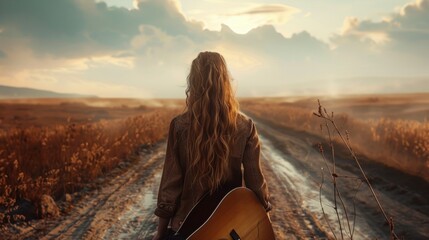 a woman with a guitar, in front of 2 different paths