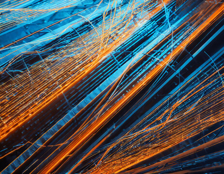 Abstract background with blue and orange lines. Digital illustration. 3D rendering